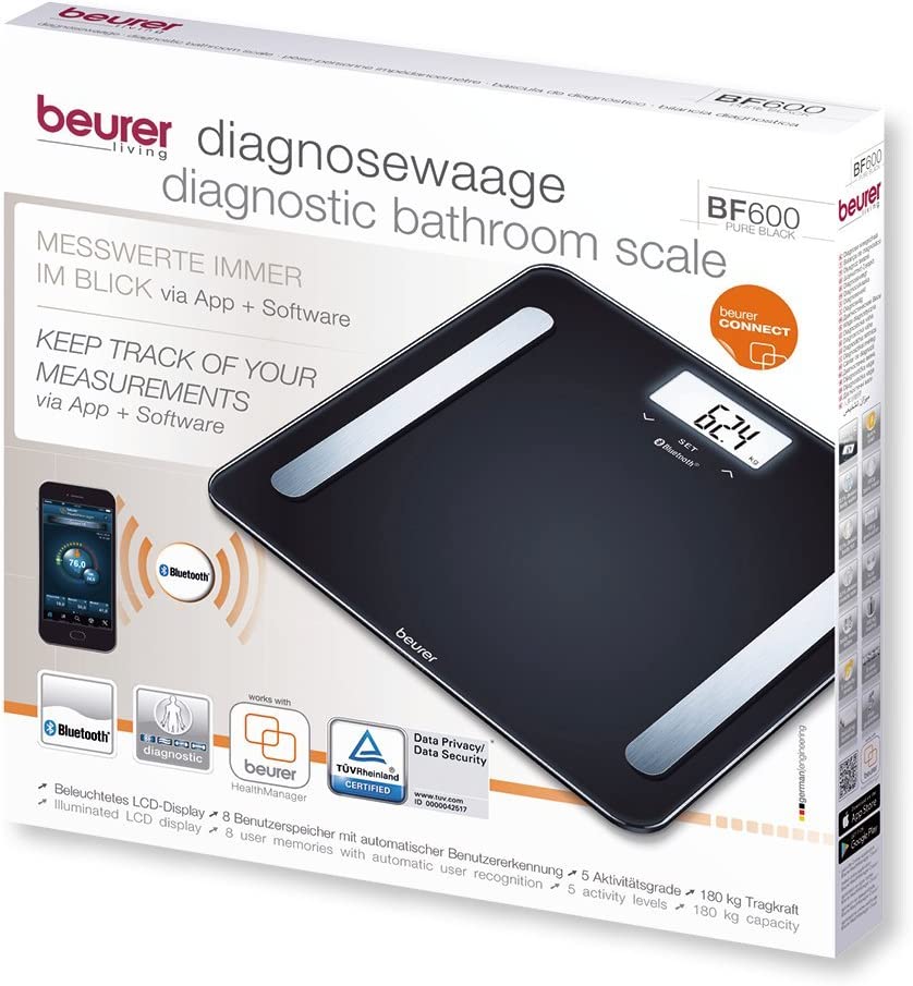 Beurer BF 600 Pure Black Bilancia Diagnostica con Connettivita Bluetooth, nero, lcd
