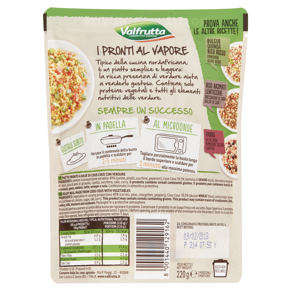 Valfrutta I Pronti al Vapore Cous Cous, Carote, Piselli, Zucchine, Peperoni 220 g