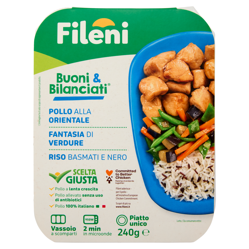 Fileni Buoni & Bilanciati Pollo alla Orientale, Fantasia di Verdure, Riso Basmati e Nero 240 g
