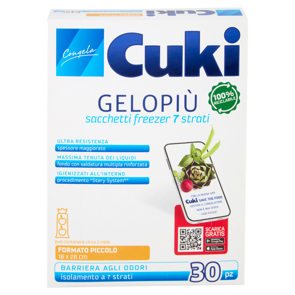 Cuki Congela Gelopiù sacchetti freezer 7 strati Formato Piccolo 18 x 28 cm 30 pz