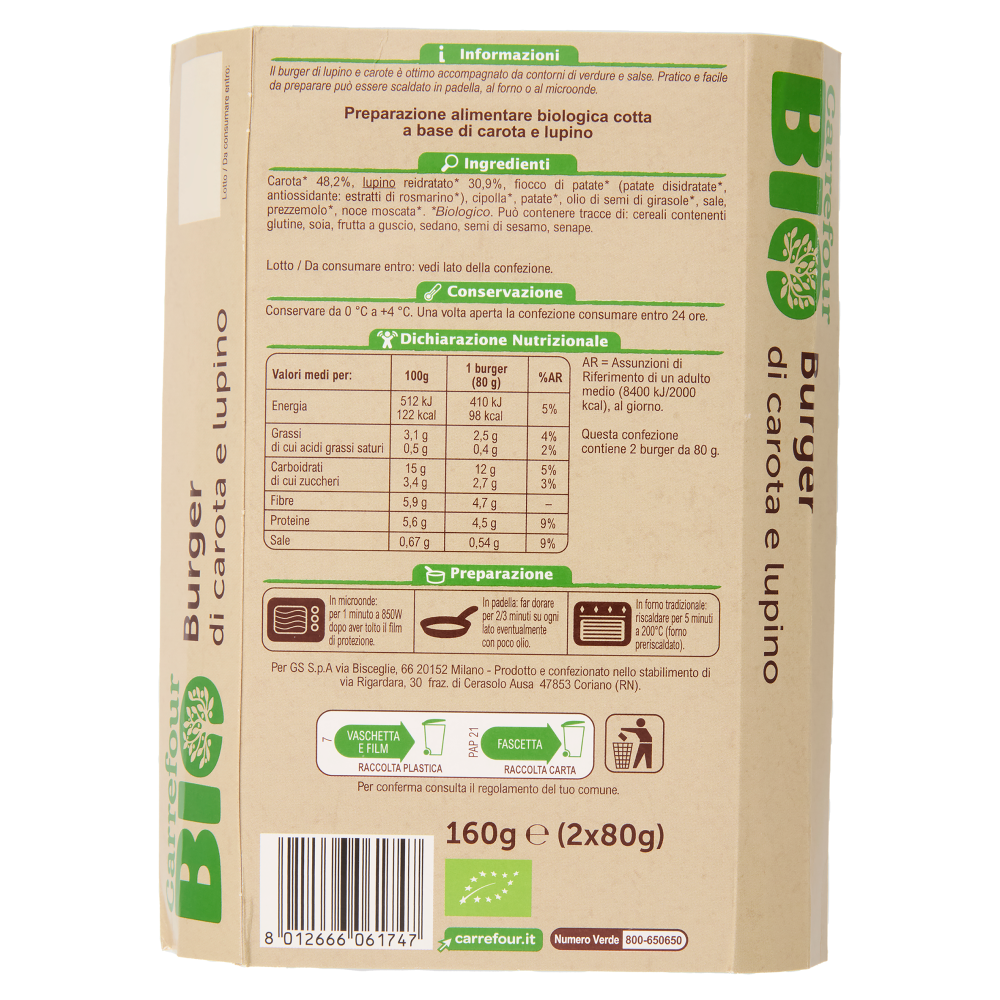 Carrefour Bio Burger di carota e lupino 2 x 80 g