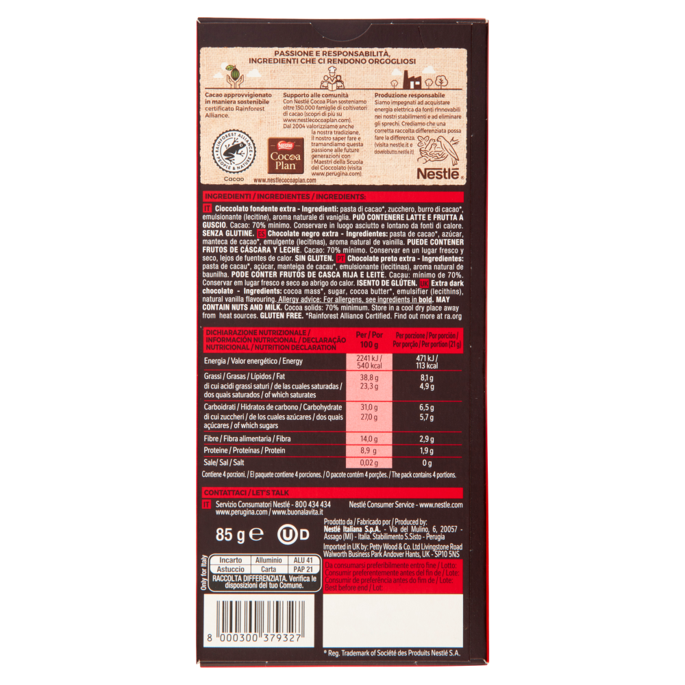 PERUGINA NERO Fondente Extra 70% Tavoletta Cioccolato Fondente 85g