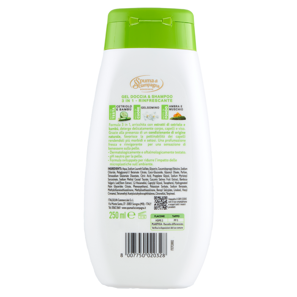 Spuma di Sciampagna Benessere Gel Doccia & Shampoo Rinfrescante Cetriolo e Bambù 250 ml