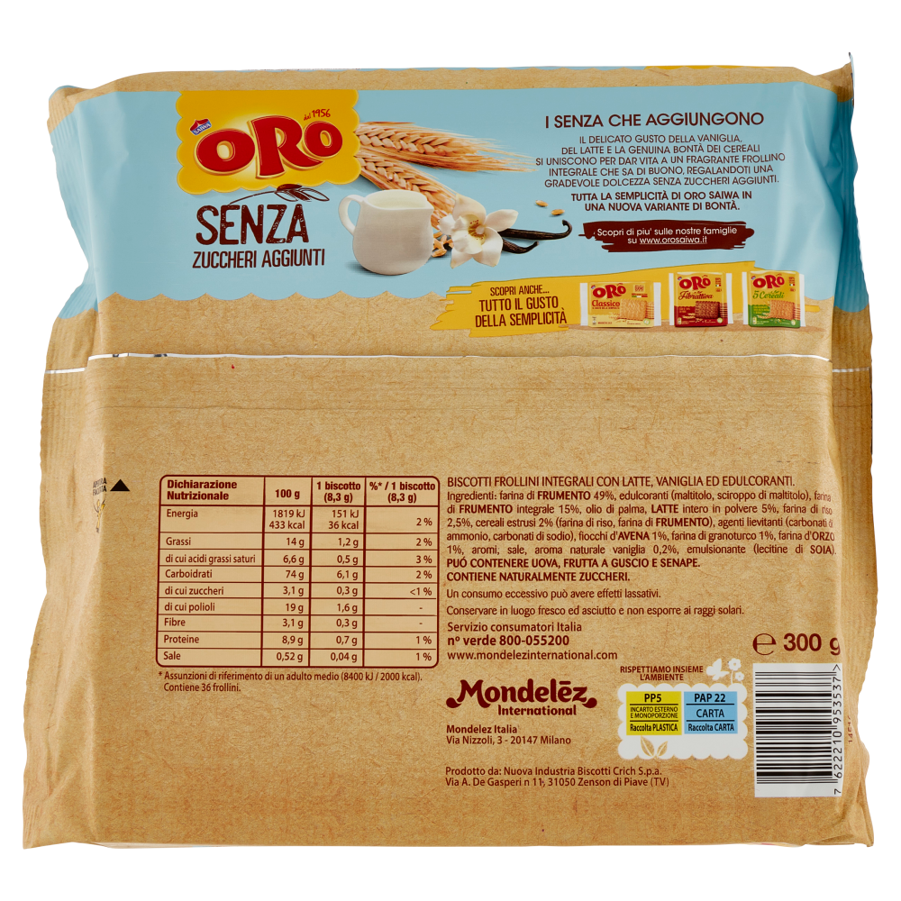 Oro Saiwa biscotti integrali con vaniglia, latte e cereali Senza Zuccheri aggiunti - 300 g