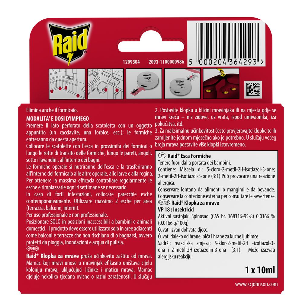 Raid Esca Formiche, Pronta all'Uso, Confezione da 1 Esca Insetticida per Uso in Spazi Interni ed Esterni