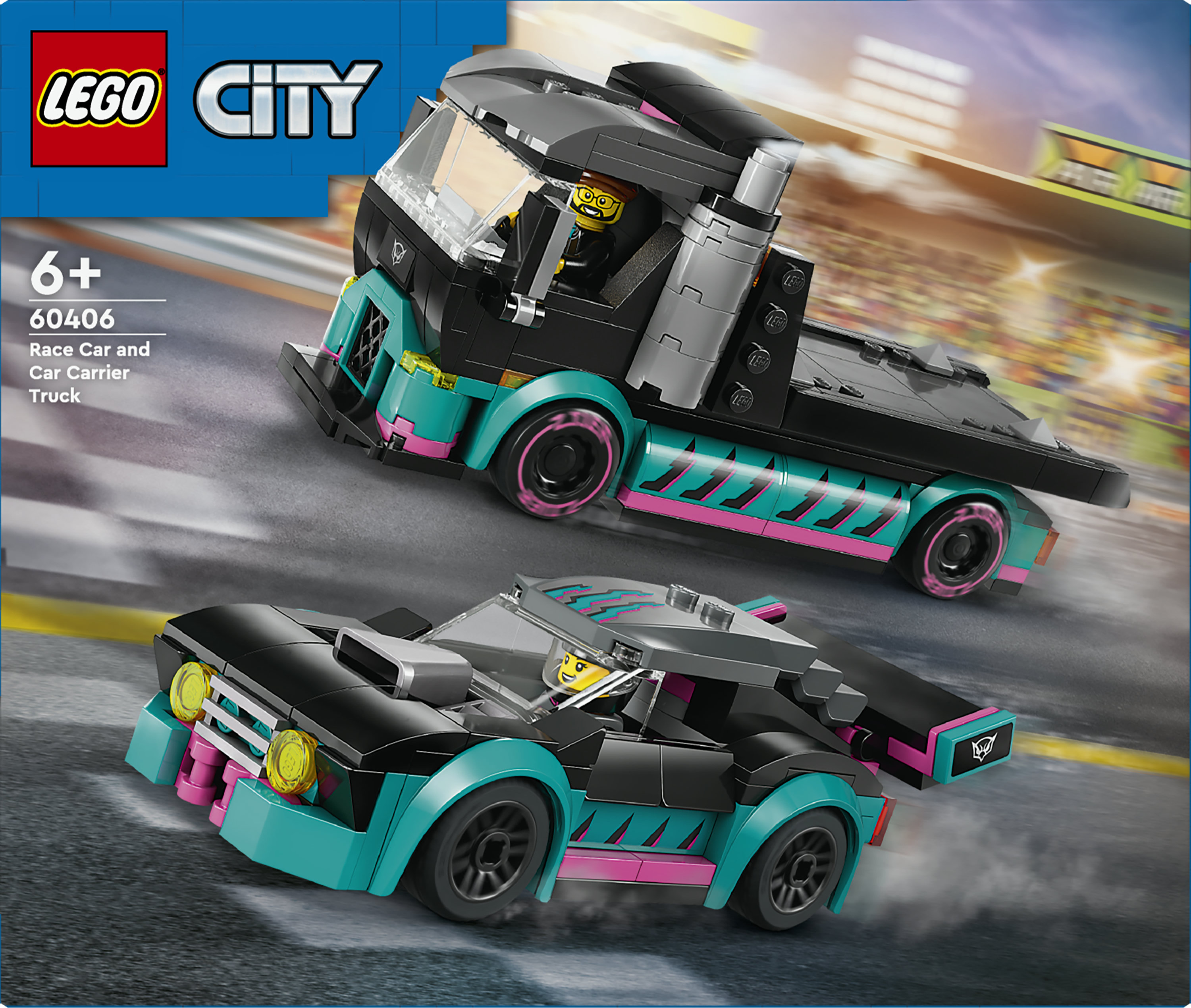LEGO City 60406 Auto da Corsa e Trasportatore, Macchina e Camion Giocattolo per Bambini di 6+, Veicolo con Rampa Funzionante