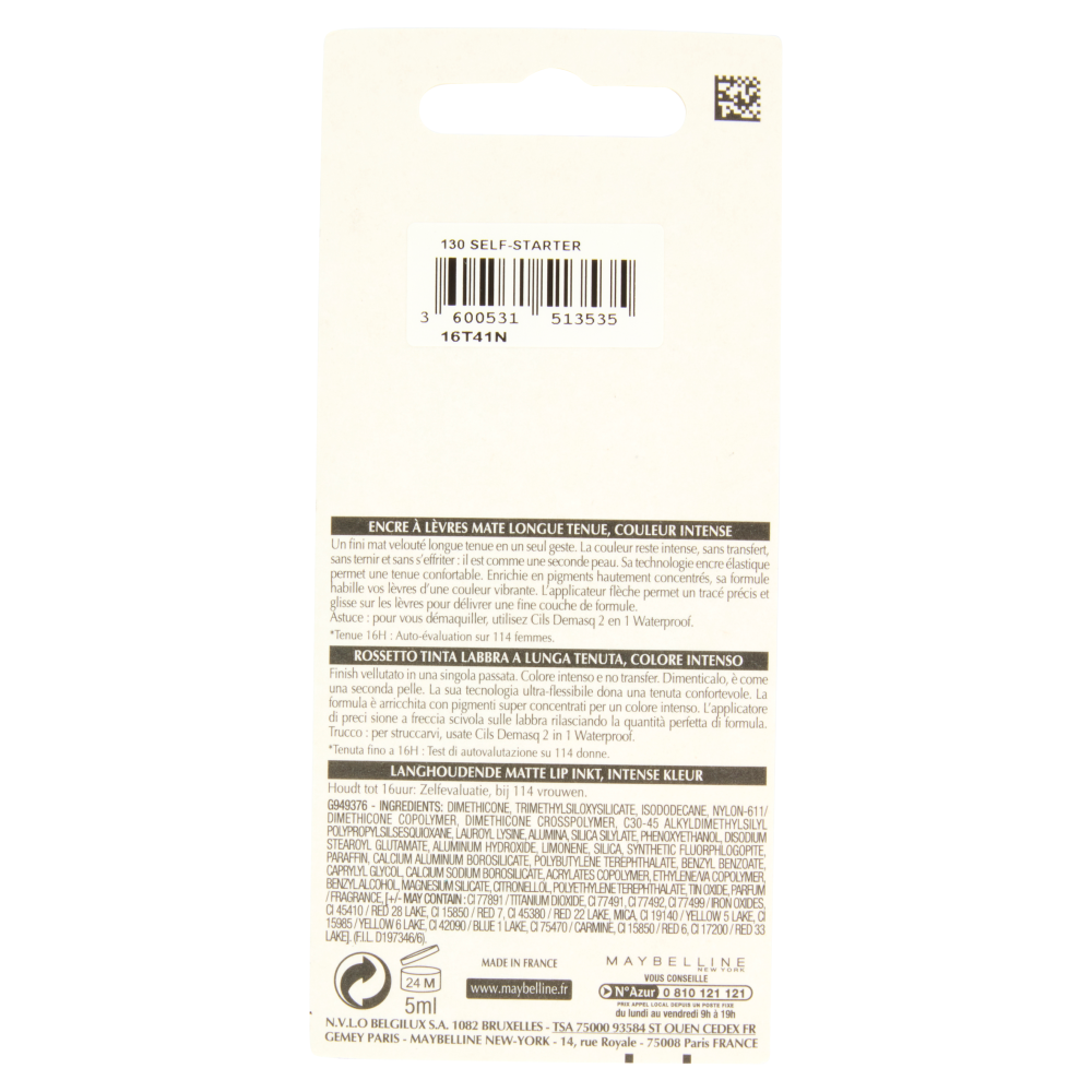 Maybelline New York Tinta Labbra SuperStay Matte Ink, a Lunga Tenuta, 130 Self-Starter