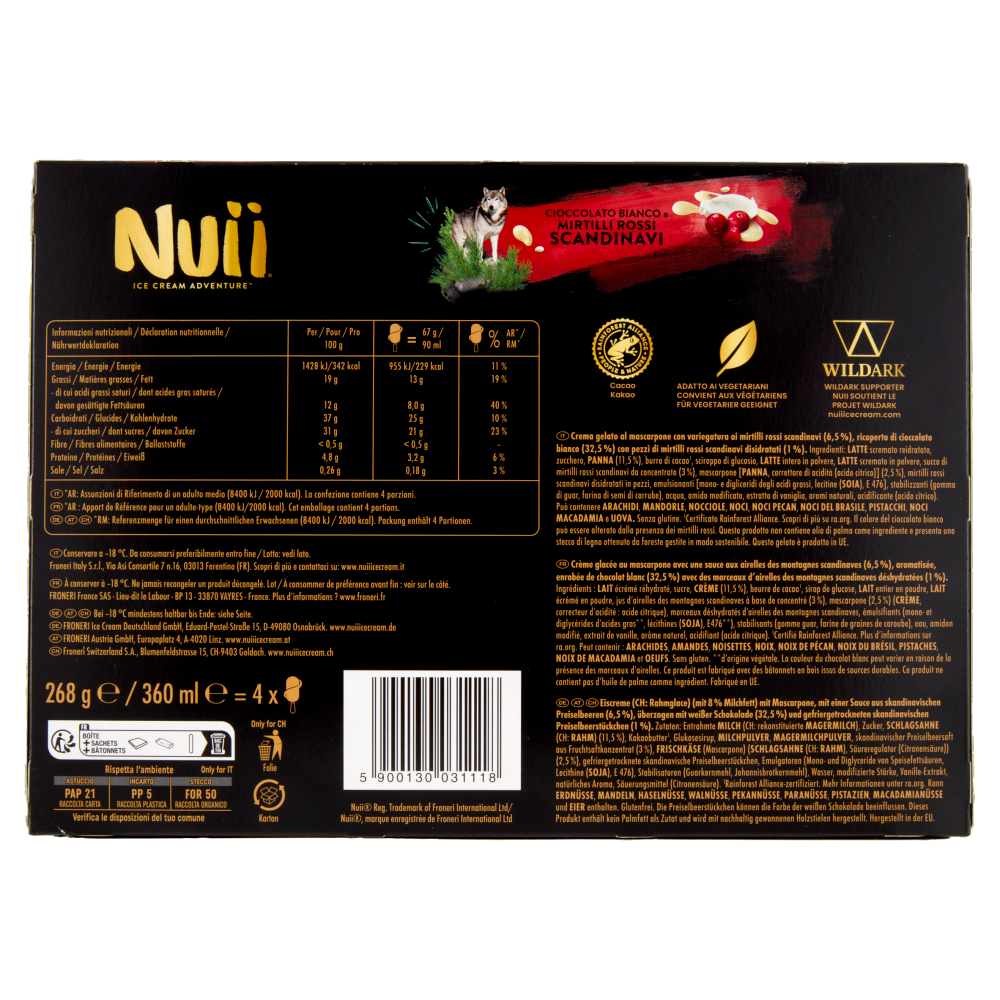 NUII Cioccolato Bianco e Mirtilli Rossi Scandinavi 4x67g