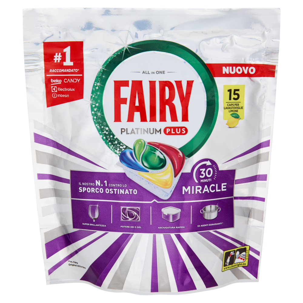 Fairy Pastiglie Lavastoviglie Platinum Plus All in One Miracle, Detersivo Piatti Limone 15 Caps 247g