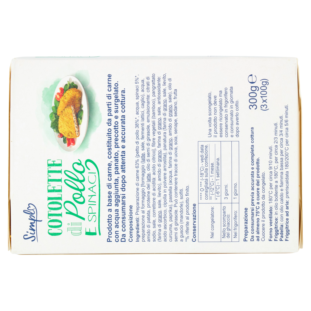 Simpl Cotolette di Pollo e Spinaci Surgelate 3 x 100 g