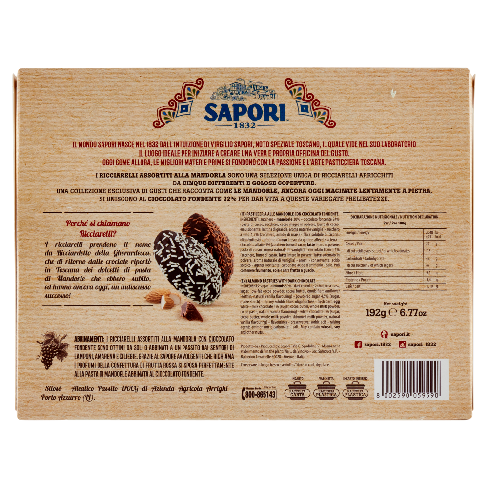 Sapori Ricciarelli Assortiti Cioccolato Fondente 72% 192 g