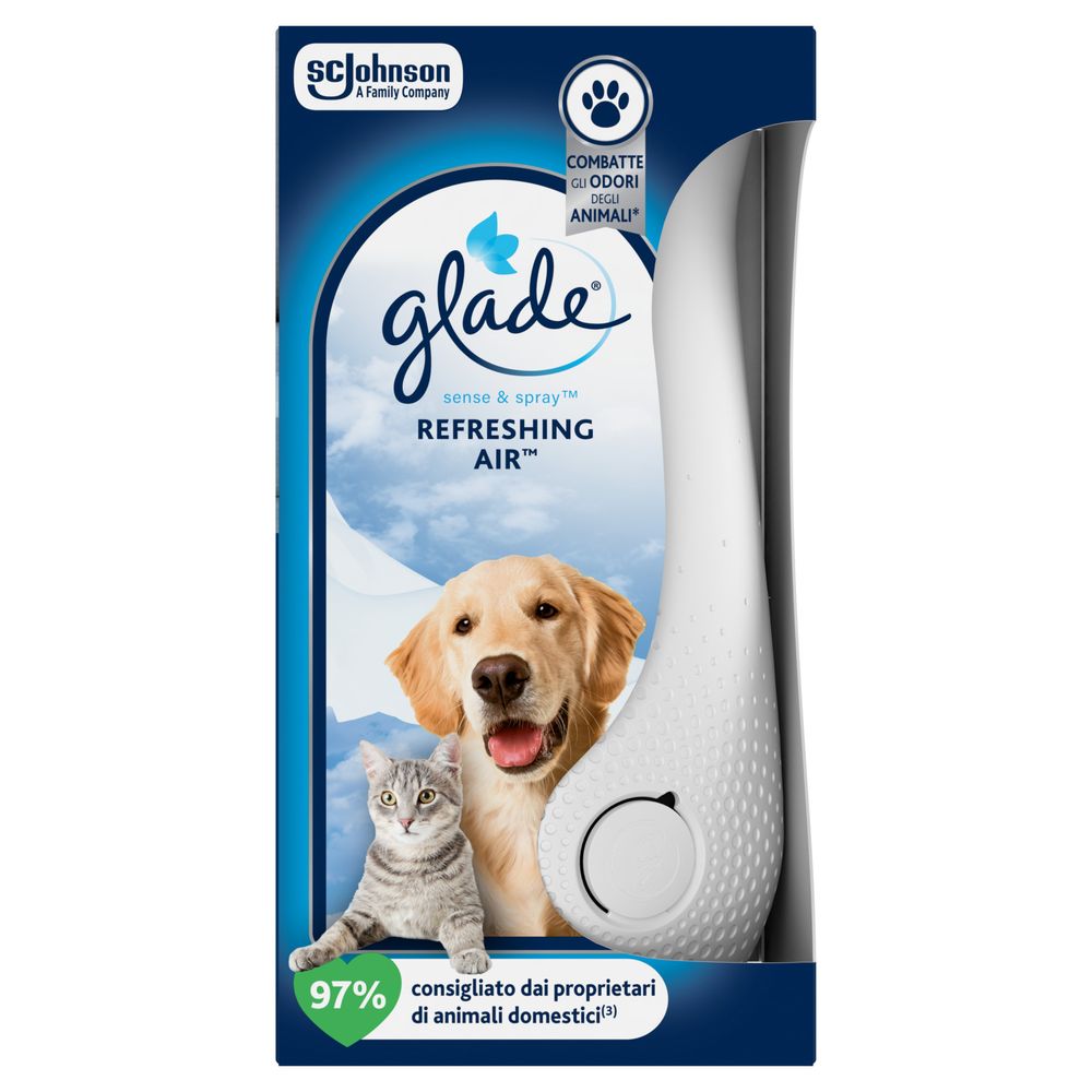 Glade Sense and Spray Base Profumatore per Ambienti con Olii Essenziali e Sensore di Movimento, Fragranza Refreshing Air™, Elimina gli odori degli animali domestici, 18 ml