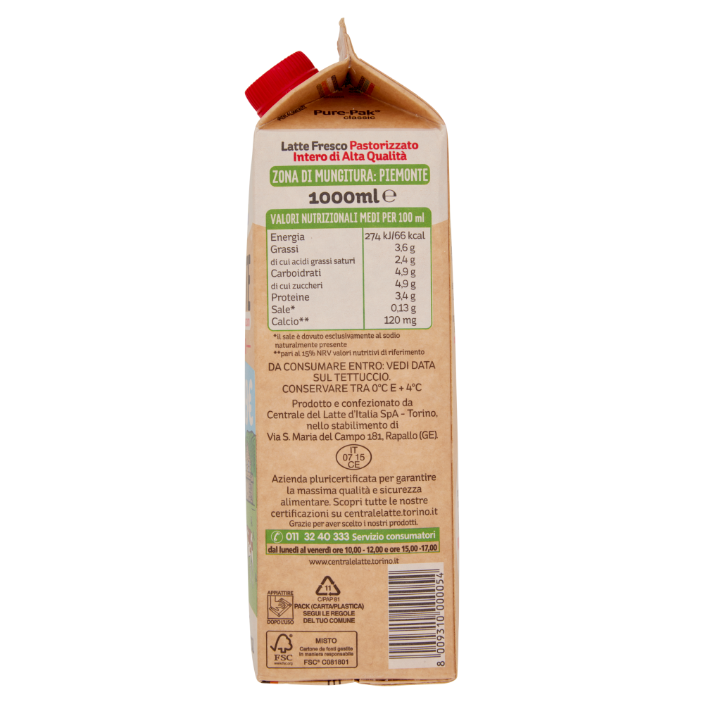 Centrale del Latte di Torino Tapporosso Laatte Latte Fresco Pastorizzato Intero Alta Qualit&agrave; 1000 ml