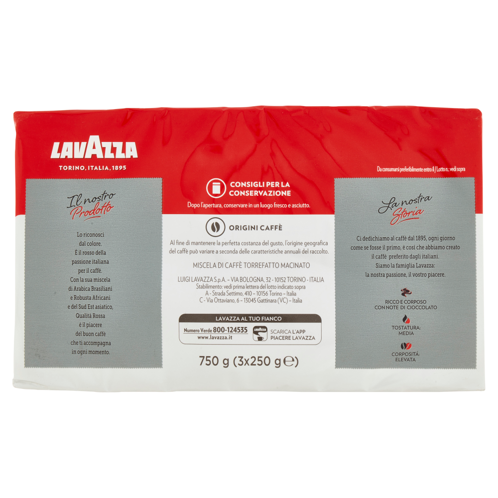 Lavazza Qualit&agrave; Rossa Caff&egrave; Macinato 3 x 250 g