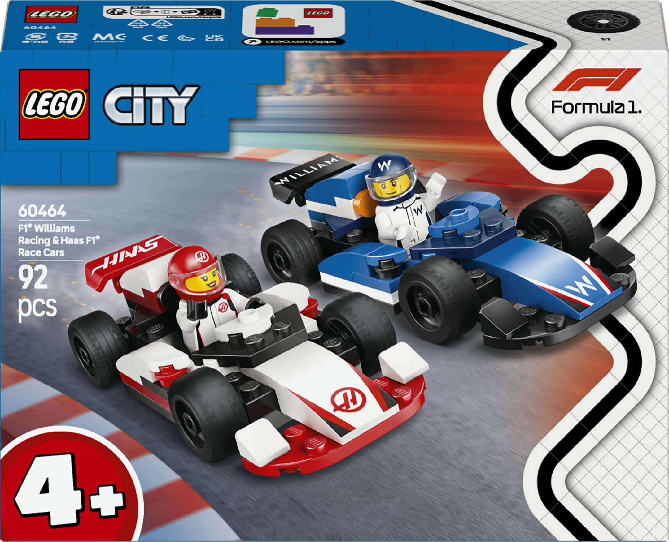 LEGO City 60464 Williams Racing e Haas F1, 2 Modelli di Auto con 2 Minifigure, Regalo Bambini4+ Fan delle Macchine Giocattolo