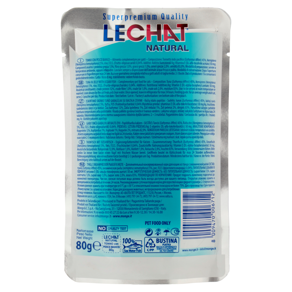 LeChat Natural Squisiti Pezzetti di Tonno con Pesce Bianco 80 g