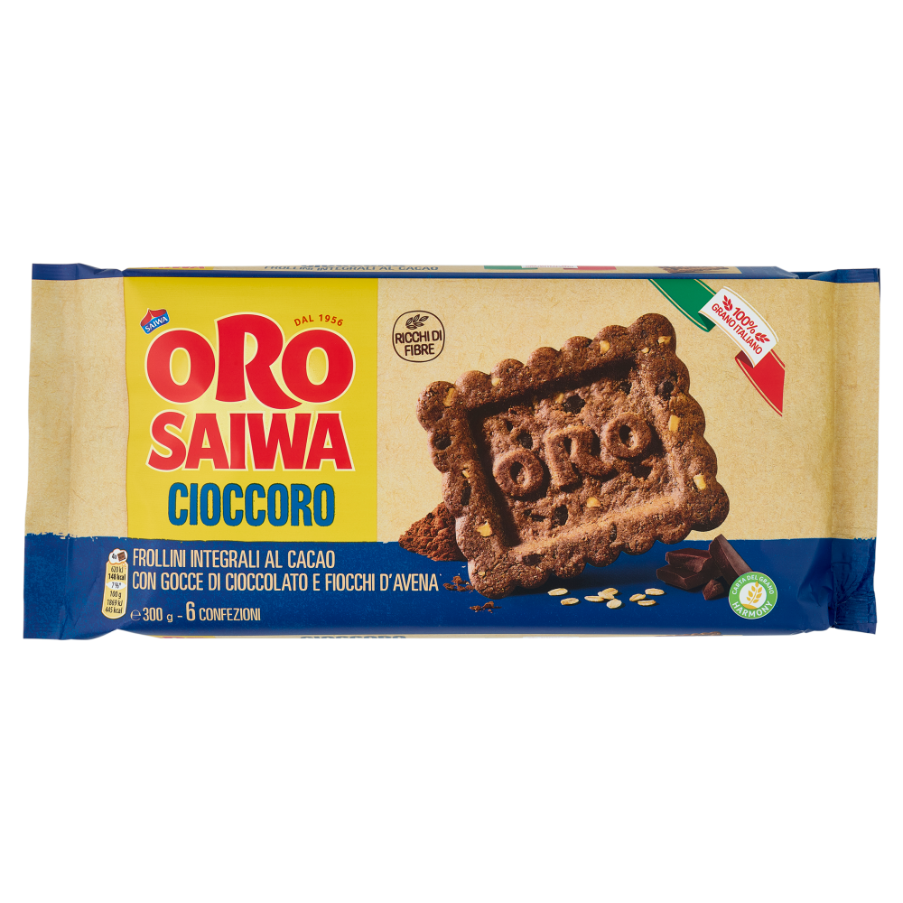 Oro Saiwa Cioccoro - frollini integrali al cacao con gocce di cioccolato e fiocchi d'avena - 300g