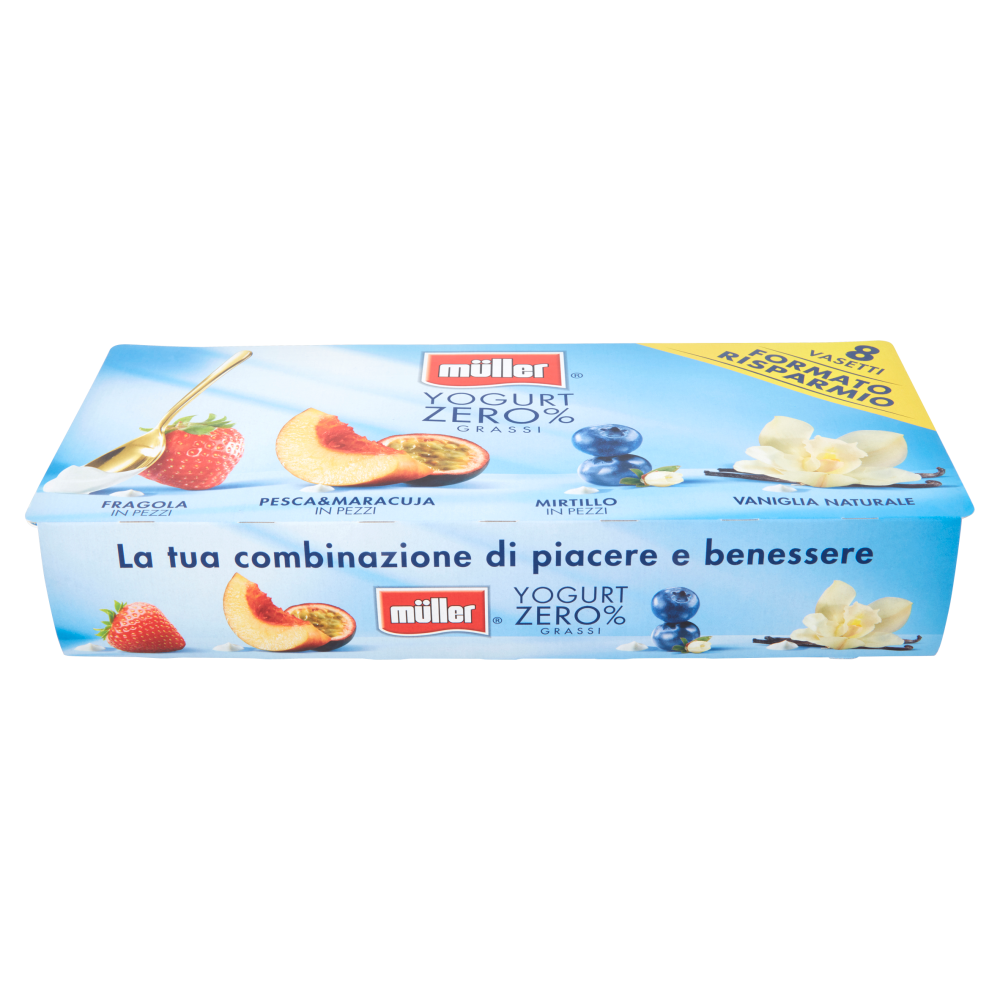müller Yogurt Zero% Grassi Fragola, Pesca&Maracuja, Mirtillo in Pezzi - Vaniglia Naturale 8 x 125 g