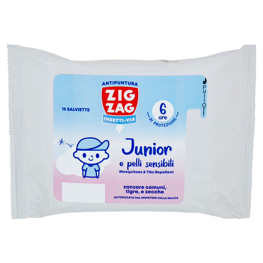 Zig Zag Insetti-Via Antipuntura Junior e pelli sensibili Mosquitoes & Tiks Repellent Salviette 15 pz