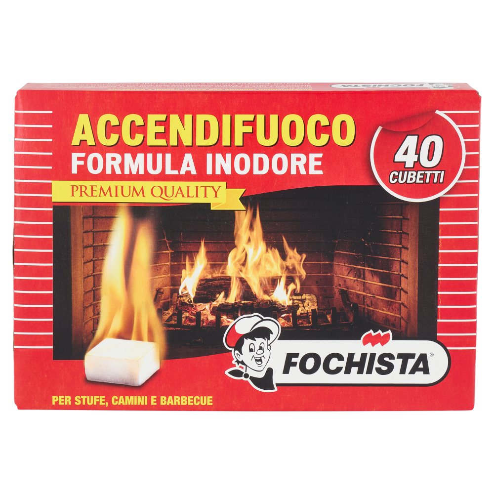 Fochista Accendifuoco Formula Inodore Premium Quality per Stufe, Camini e Barbecue Cubetti 40 pz