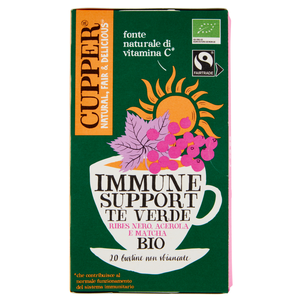 CUPPER Tè Verde Immune Support Biologico Fairtrade con Ribes Nero, Acerola e Matcha, 20 bustine 40 g