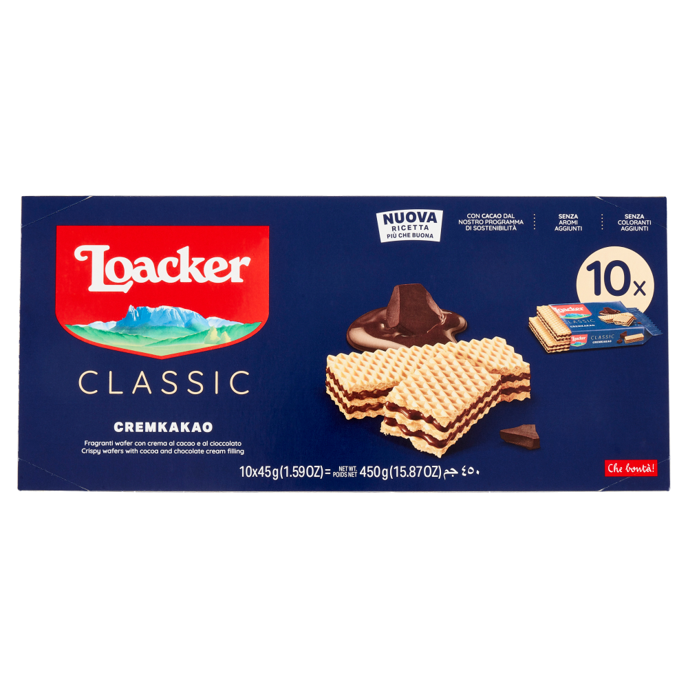 Loacker Wafer Classic Cremkakao Wafers con crema al cioccolato e cacao 10 x 45 g