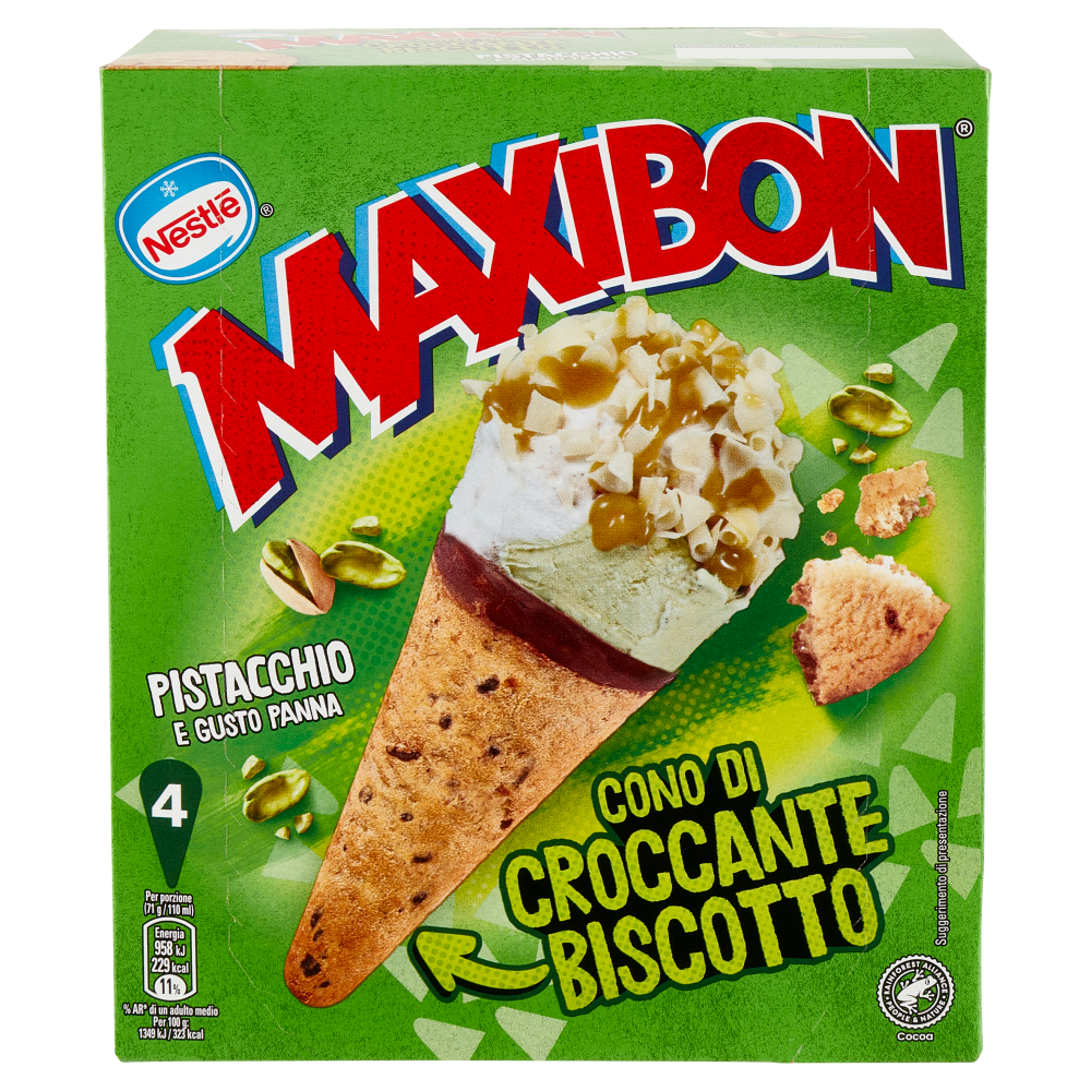 NESTL&Eacute; Maxibon Cono di Croccante Biscotto Pistacchio e Gusto Panna 4 x 71 g