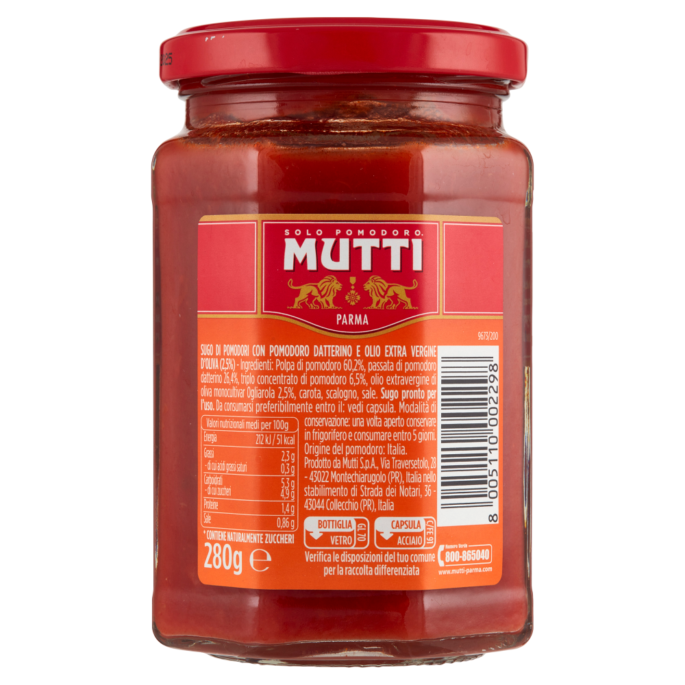 Mutti Sugo con Pomodoro Datterino e con Olio Extravergine di Oliva da Moonocultivar Ogliarola 280 g