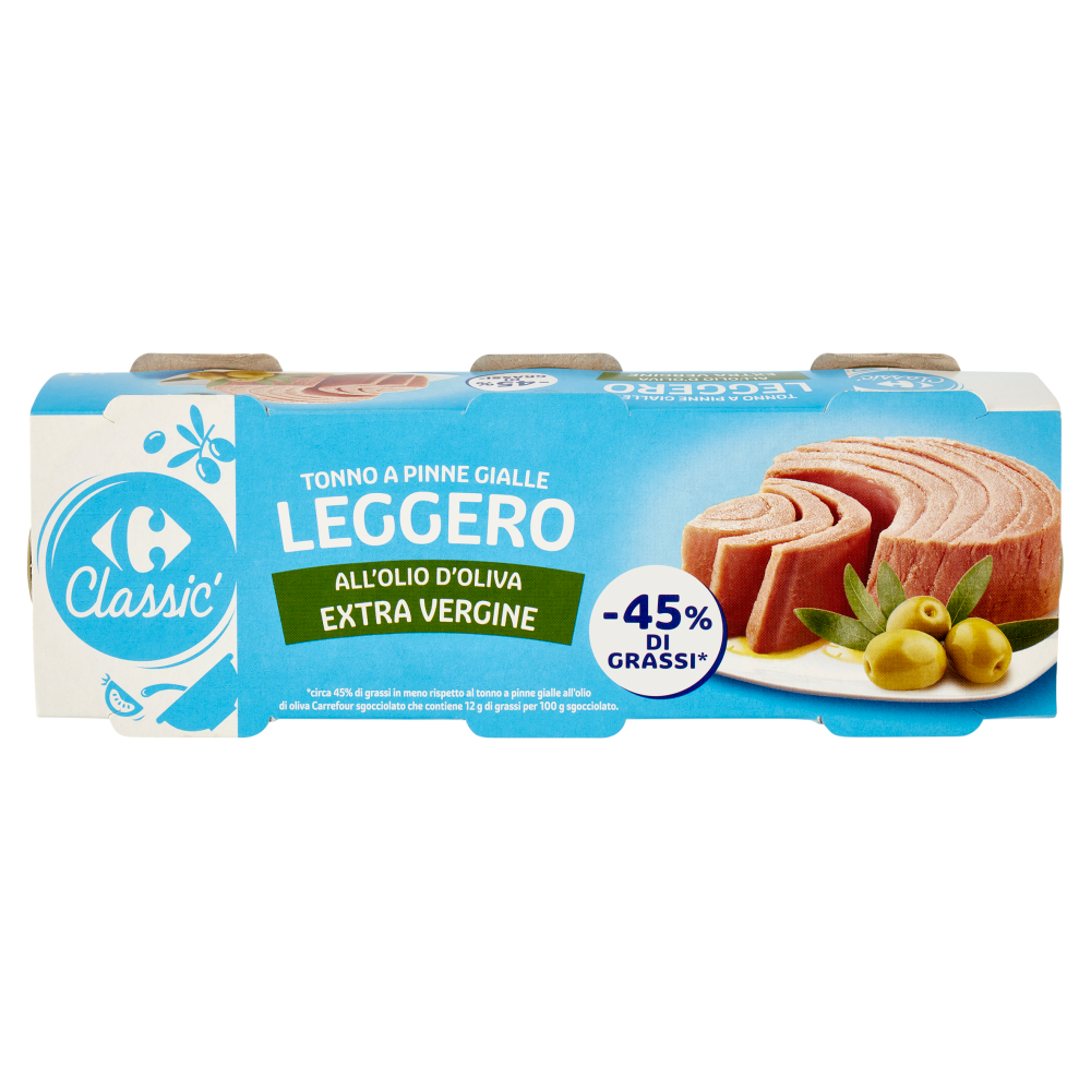 Carrefour Classic Tonno a Pinne Gialle Leggero all'Olio d'Oliva Extra Vergine 3 x 60 g