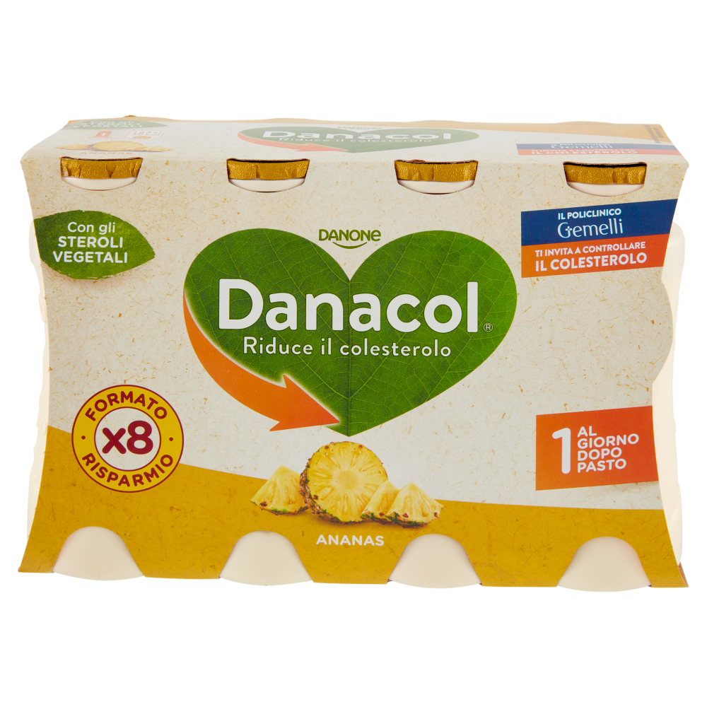 DANACOL Yogurt da bere, Riduce il Colesterolo grazie agli Steroli Vegetali, gusto Ananas, 8x100g