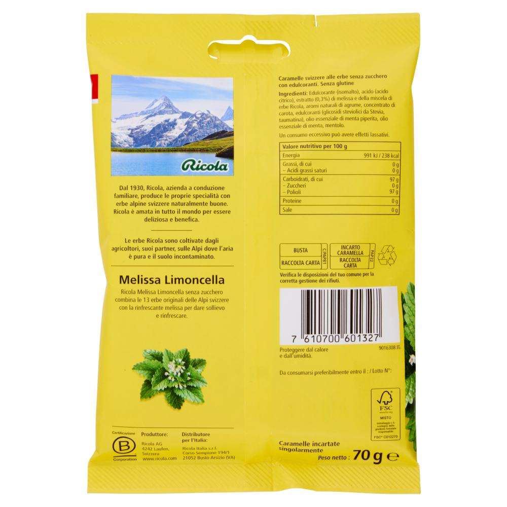 Ricola Melissa Limoncella Senza Zucchero 70 g