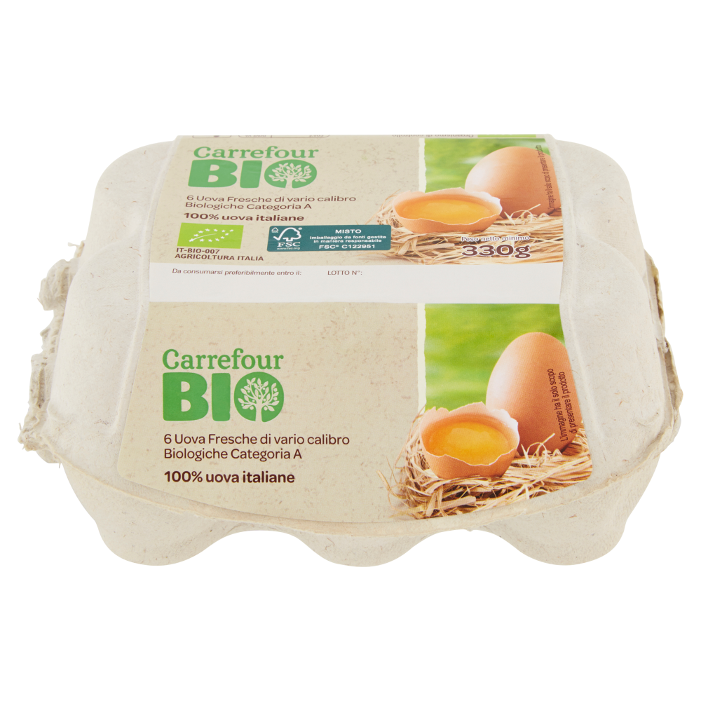 Carrefour Bio 6 Uova Fresche di vario calibro Biologiche Categoria A 330 g