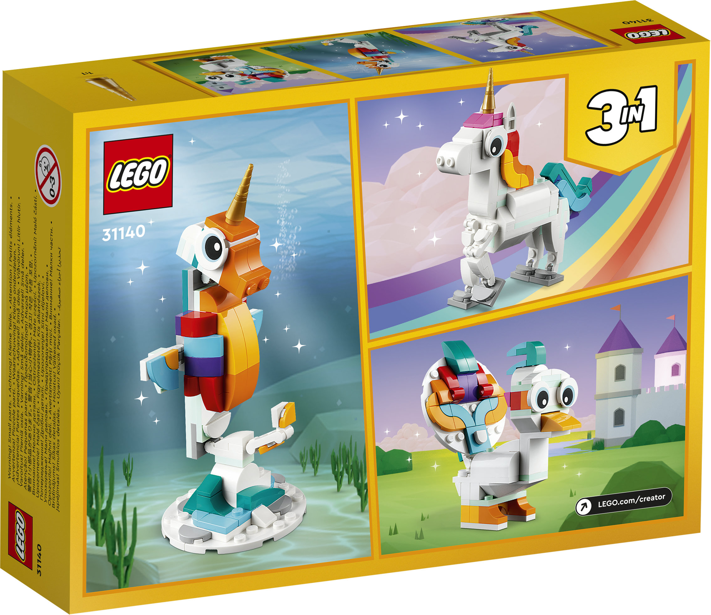 LEGO Creator 31140 Unicorno Magico con Arcobaleno, Set 3 in 1 con Animali Giocattolo Fantastici, Cavalluccio Marino e Pavone