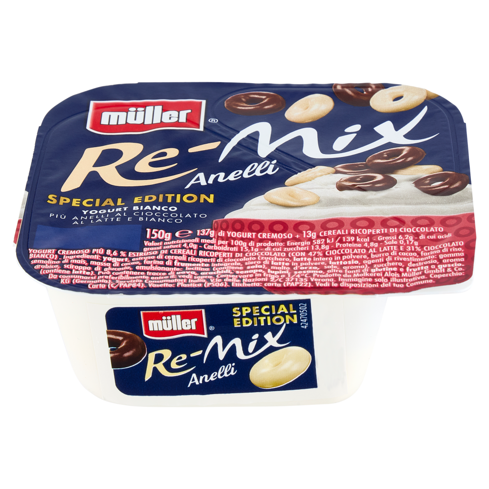 müller Re-Mix Anelli Yogurt Bianco Più Anelli al Cioccolato Latte e Bianco 150 g
