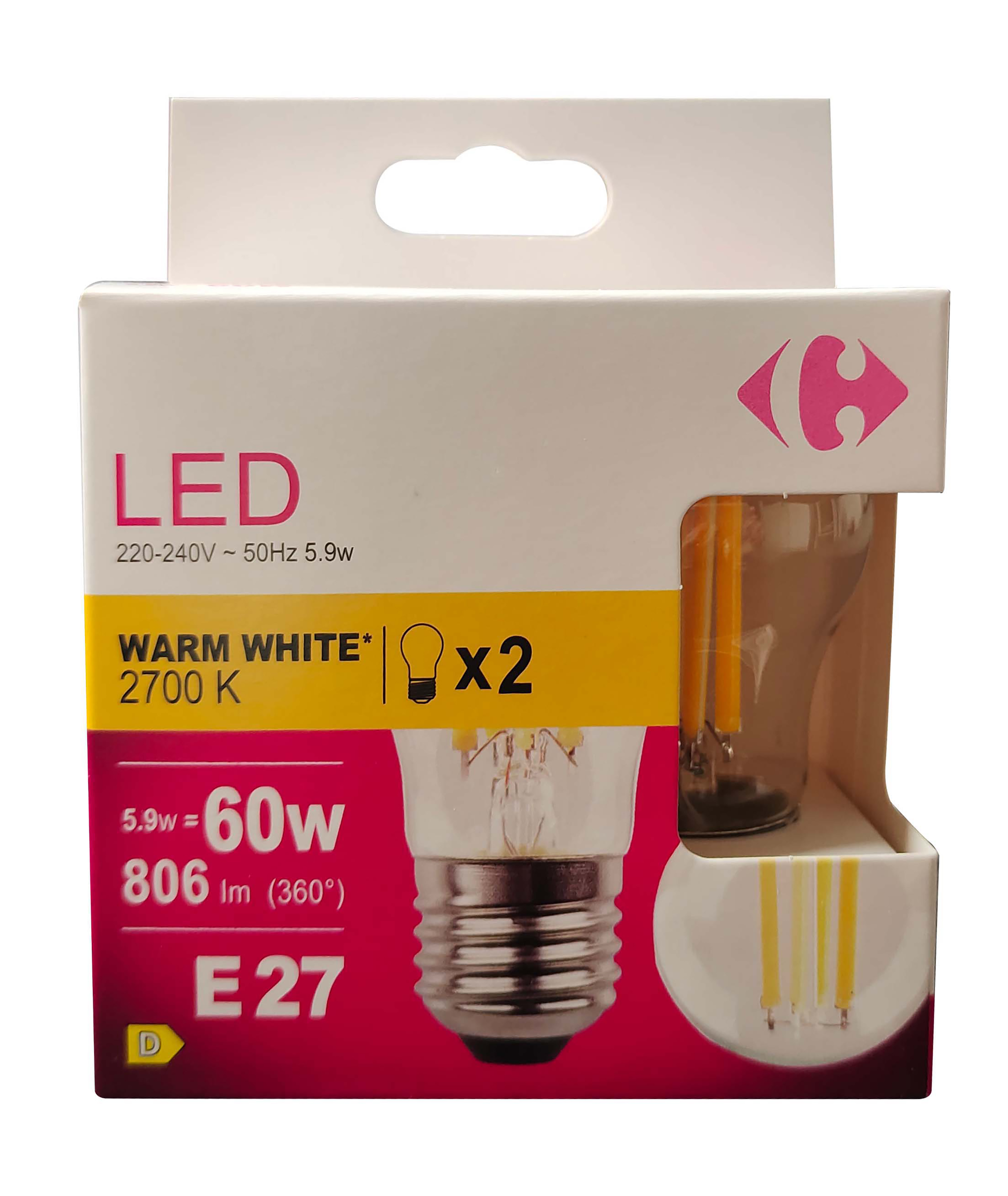 Carrefour 2 led sfer con filmaneti 60W, attacco E27, luce calda