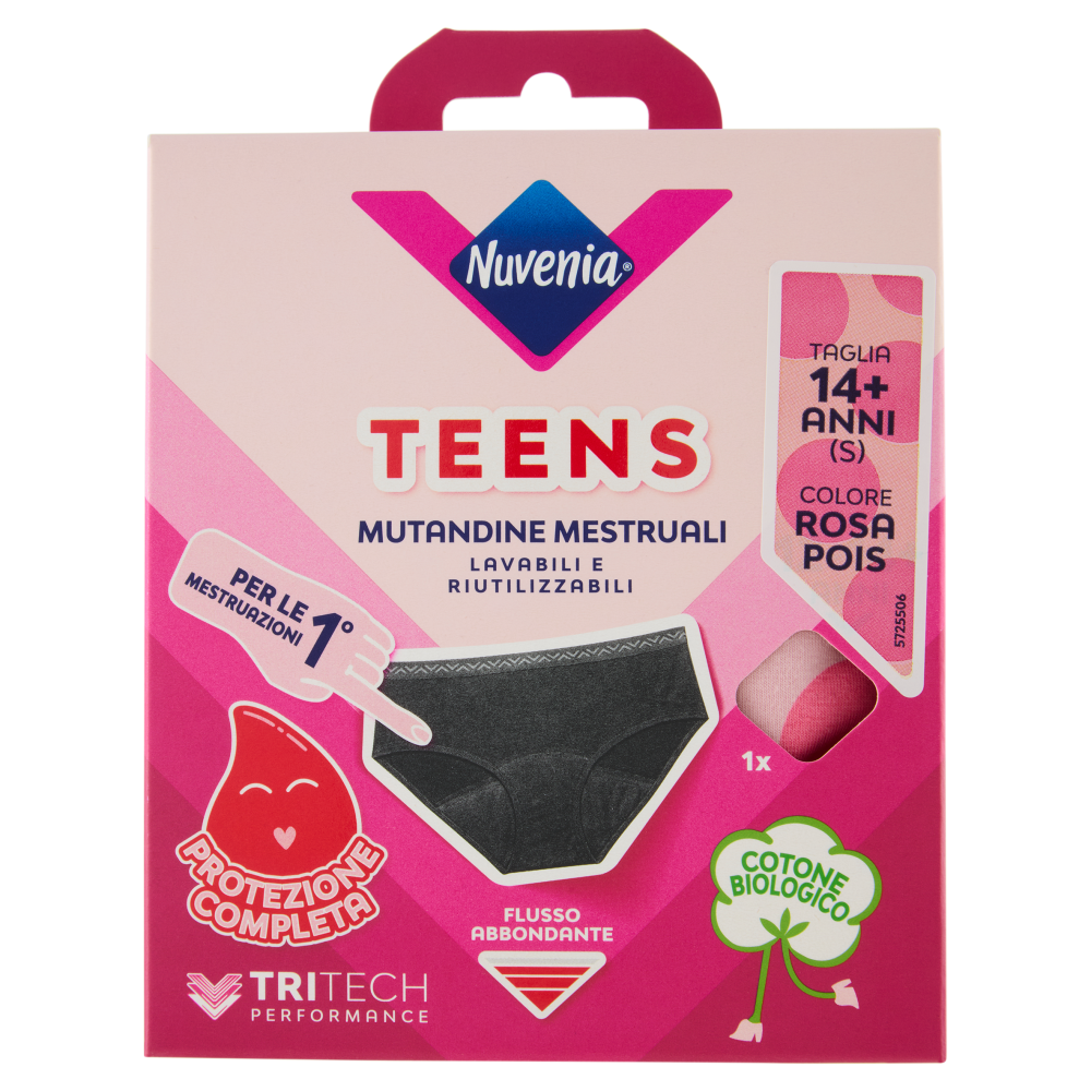 Nuvenia Teens Mutandine Mestruali Taglia 14+ Anni (S) Colore Rosa Pois 1 pz