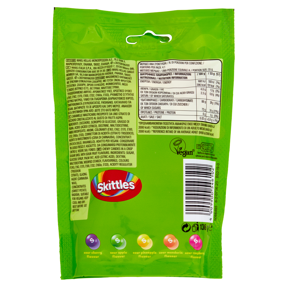 Skittles Crazy Sours, Caramelle Frizzanti Assortite al Gusto Frutta 136g