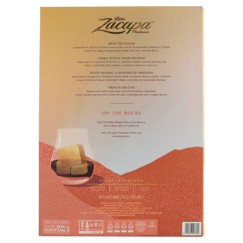 Ron Zacapa Centenario Solera Gran Reserva 70 cl + Glasses Gifted 2 pz