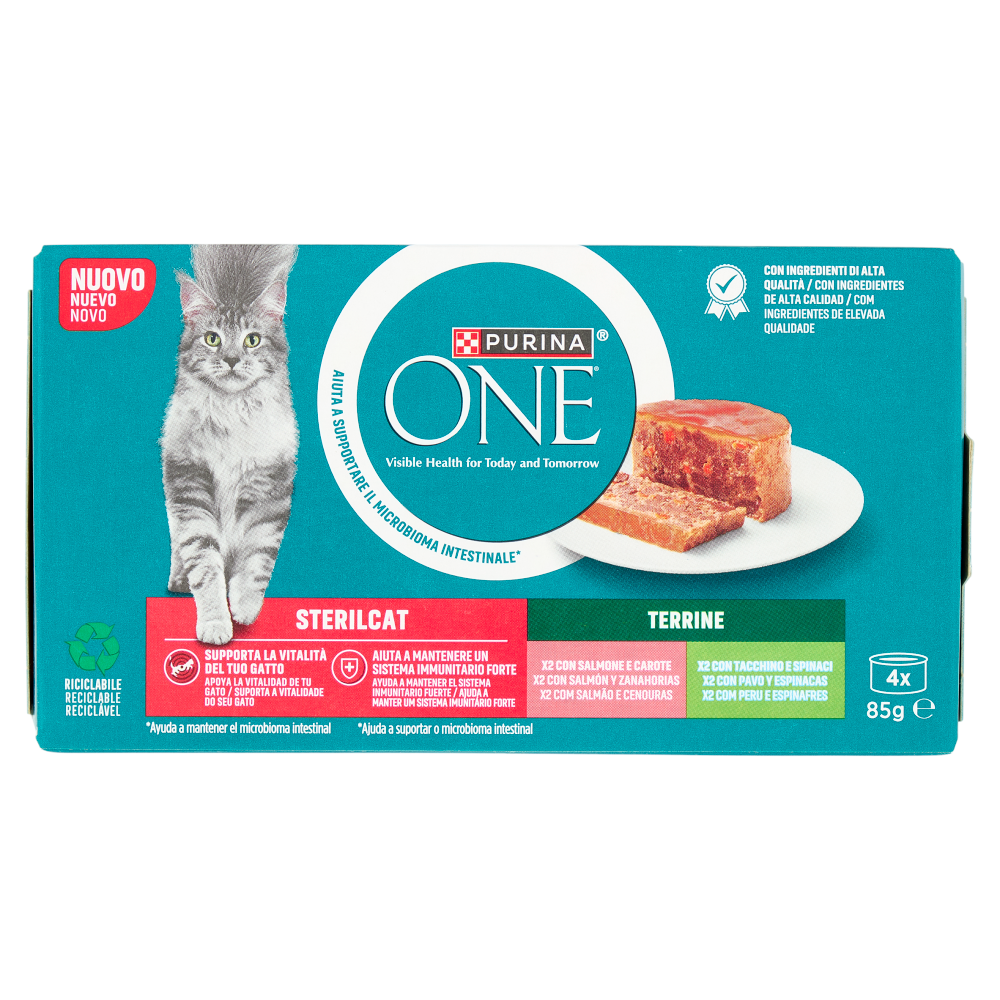 PURINA ONE Sterilcat Terrine Salmone e Carote, Tacchino e Spinaci 4 x 85g