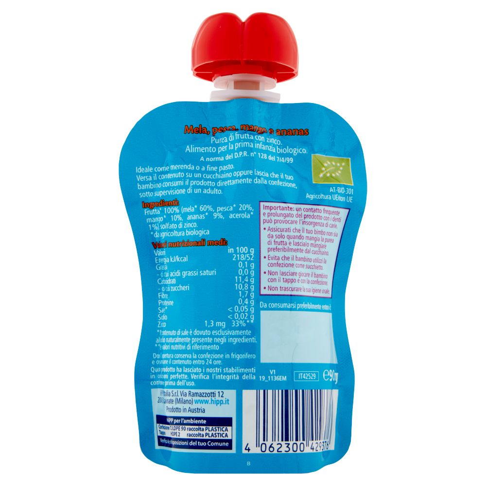 HiPP Biologico Frutta Frullata Plus⁺ Mela, pesca, mango e ananas con zinco 90 g