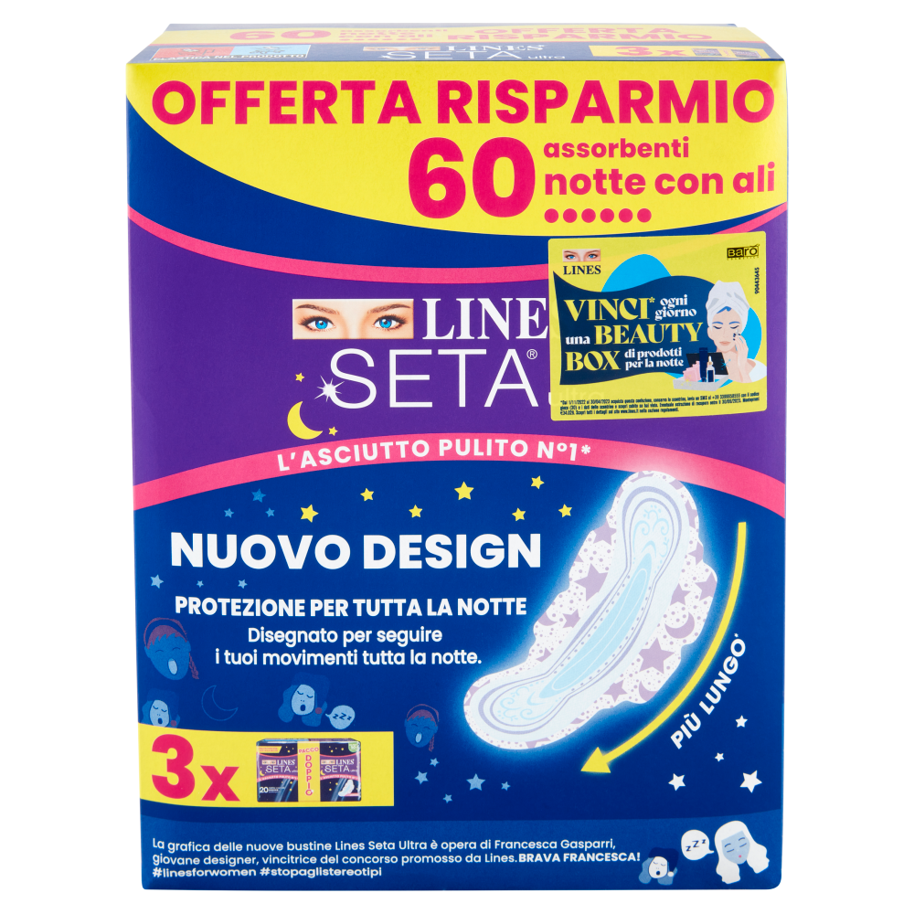 Lines Seta ultra assorbenti notte con ali 60 pz