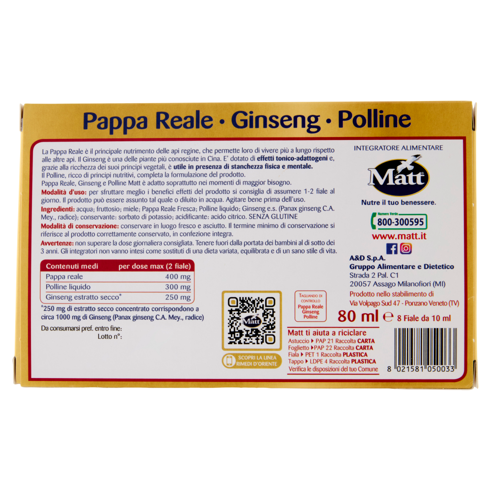Matt Rimedi d'Oriente Pappa Reale - Ginseng - Polline Fiale 8 x 10 ml