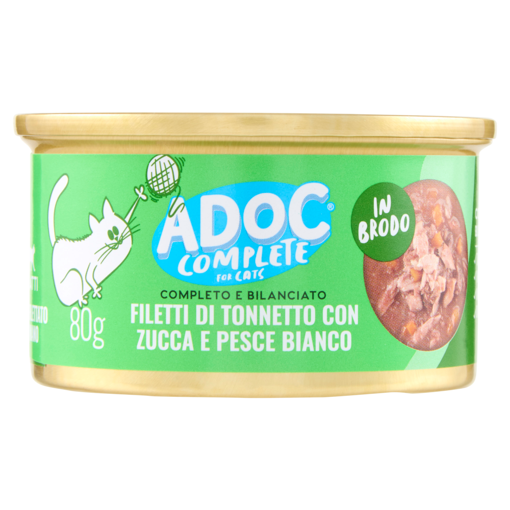 ADoC Complete For Cats Filetti di Tonnetto con Zucca e Pesce Bianco in Brodo 80 g