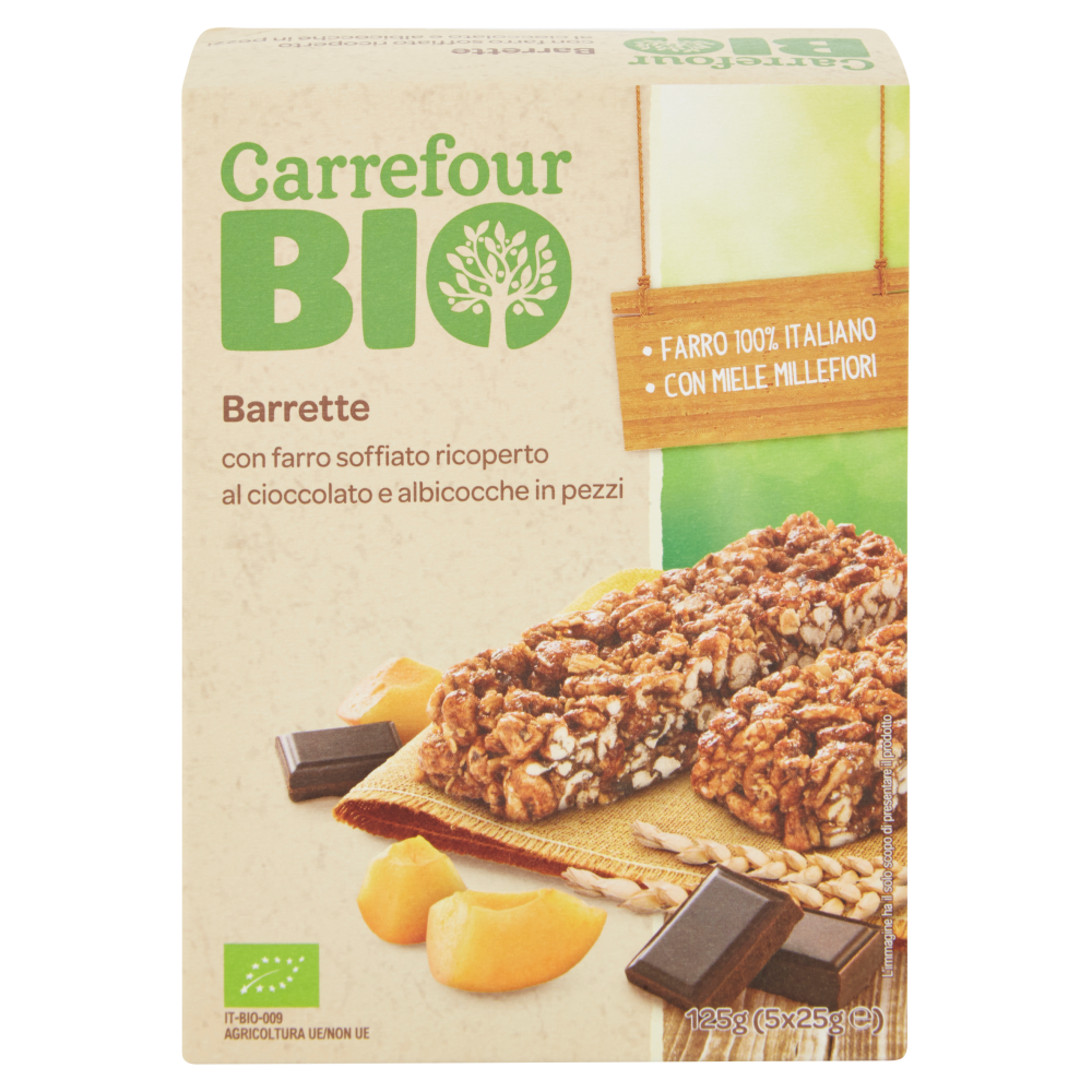 Carrefour Bio Barrette con farro soffiato ricoperto al cioccolato e albicocche in pezzi 5 x 25 g