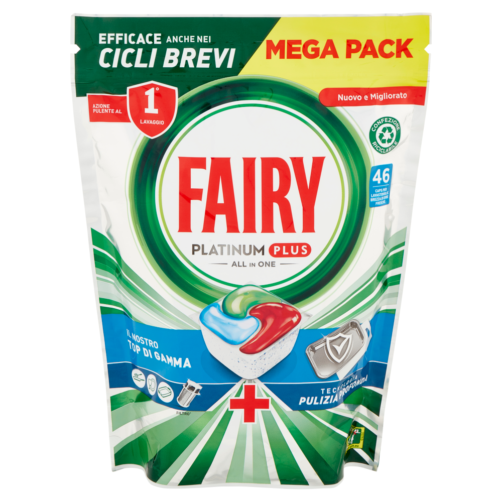 Fairy Pastiglie Lavastoviglie Platinum Plus Pulizia Profonda, Detersivo Piatti Erbe 46 Capsule 714 g