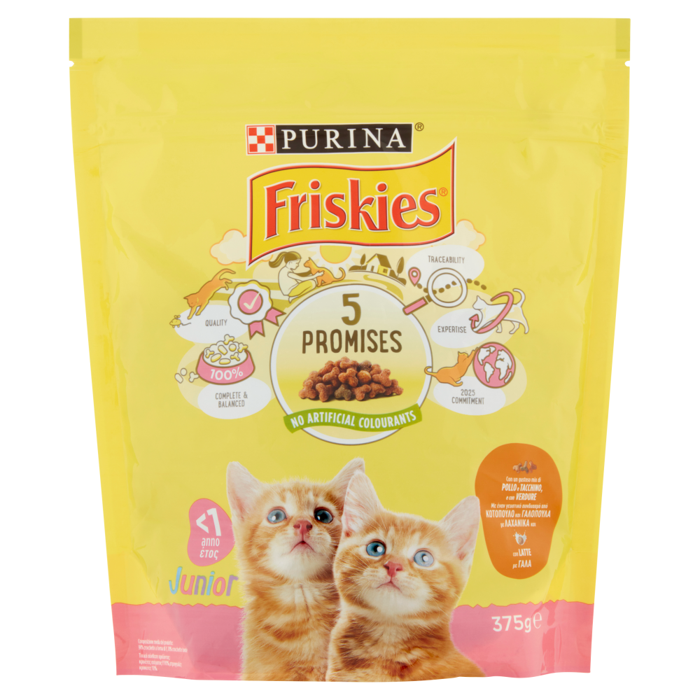 PURINA FRISKIES Gatto Junior Con un gustoso mix di Pollo e Tacchino, con Latte e con Verdure 375 g