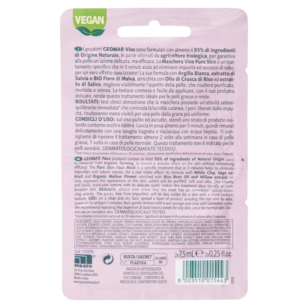 Geomar Maschera Viso 5 minuti Pure Skin 2 x 7,5 mL
