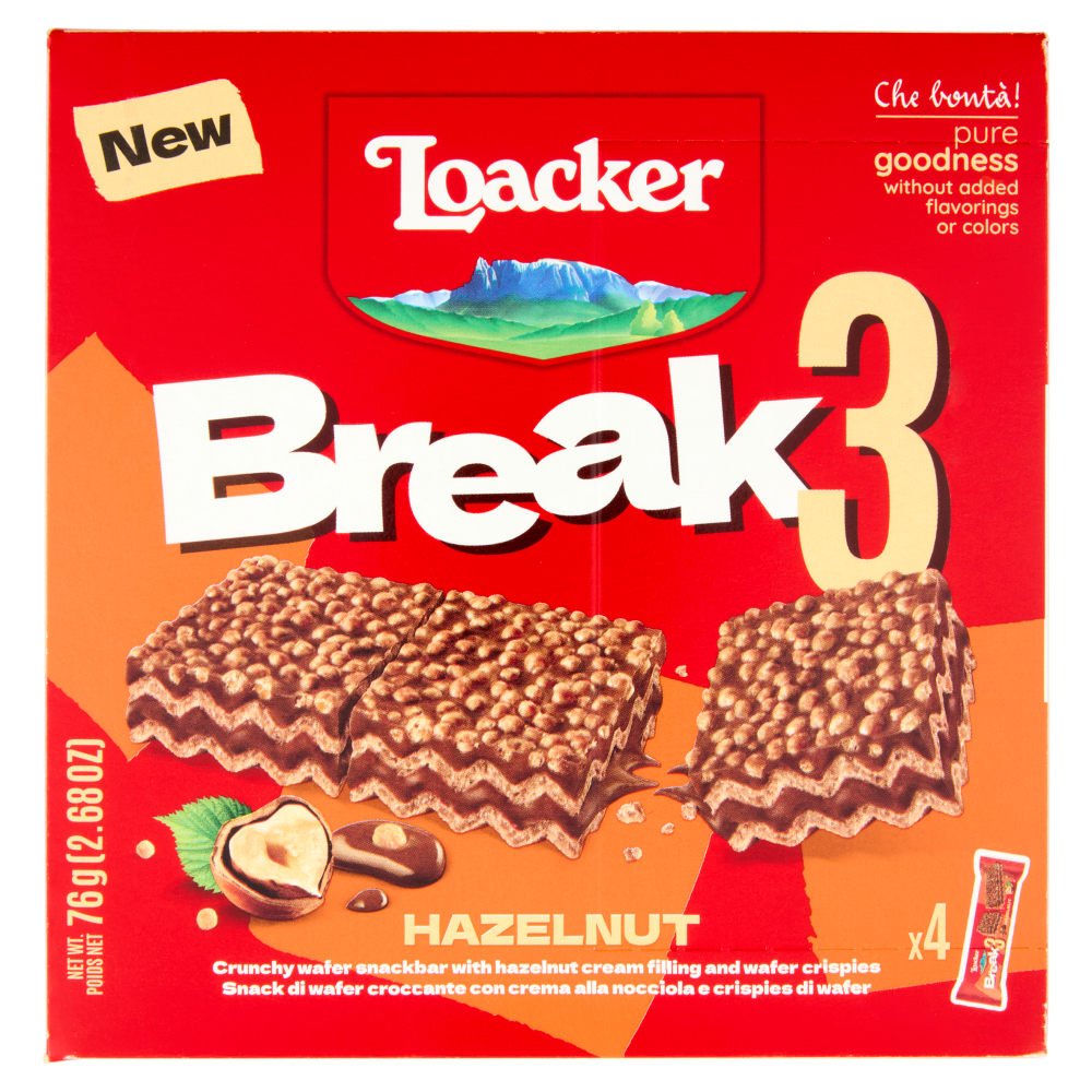 Loacker Break3 Barrette di Wafer con Crema alle Nocciole 100% Italiane 19gx4