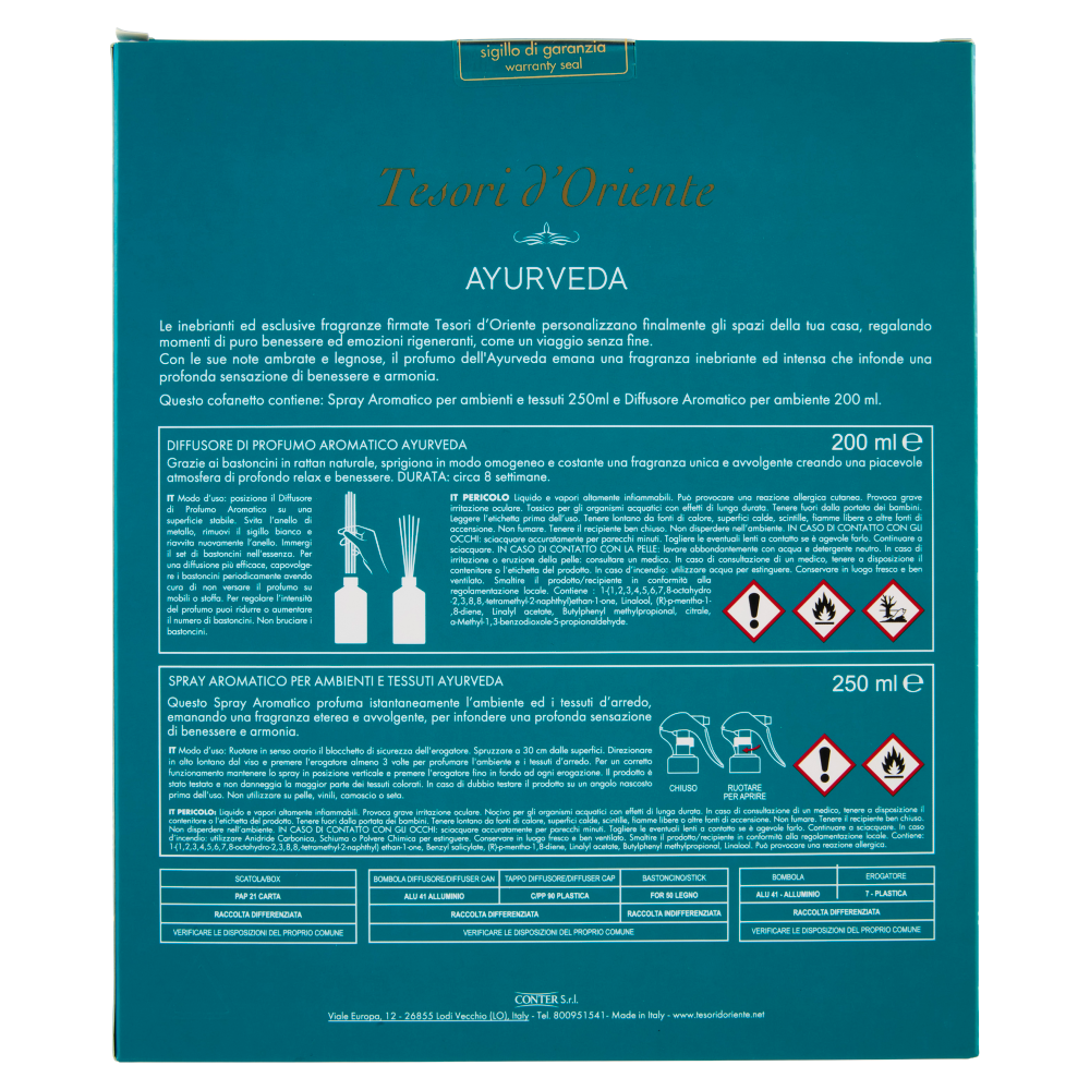 Tesori d'Oriente Ayurveda Diffusore e Spray Aromatico per Ambienti 200 ml + 250 ml
