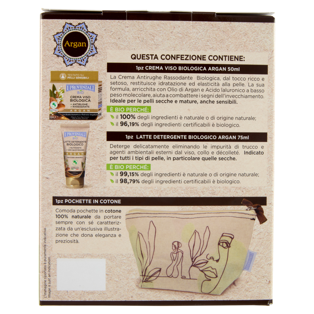 I Provenzali Bio Argan Crema Viso Biologica 50 mL+Latte Detergente Biologico 75 mL+1 Pochette cotone